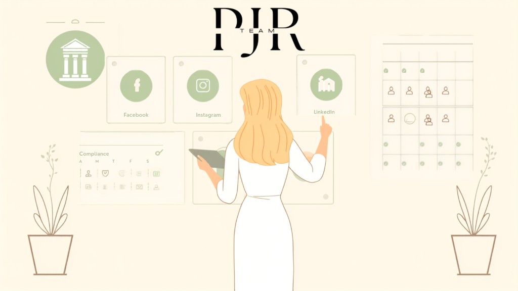 Healthcare professional managing social media, compliance, and scheduling panels — PJR Team